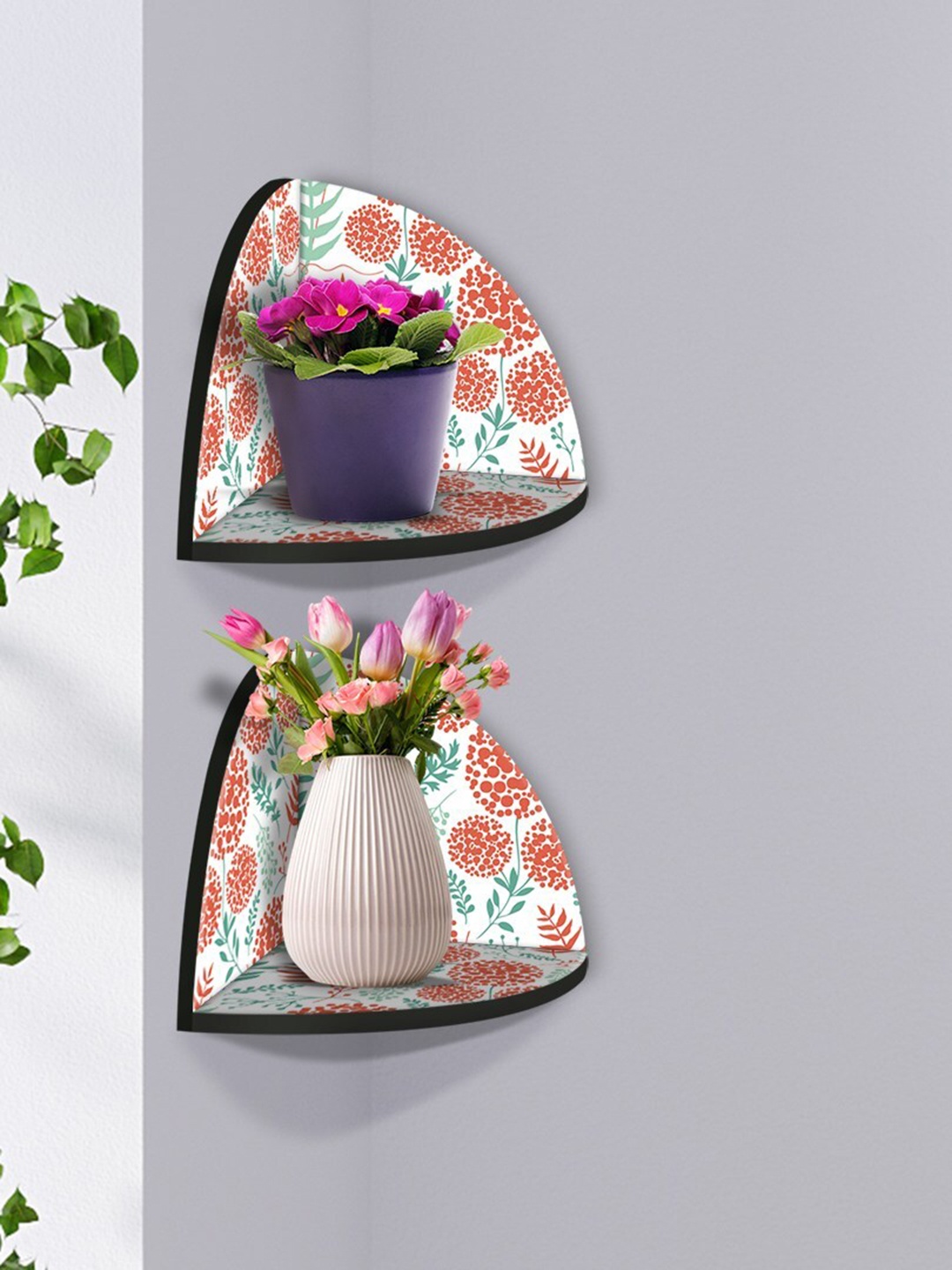 

999Store Red & Green 2 Pieces Floral Printed MDF Corner Wall Shelf