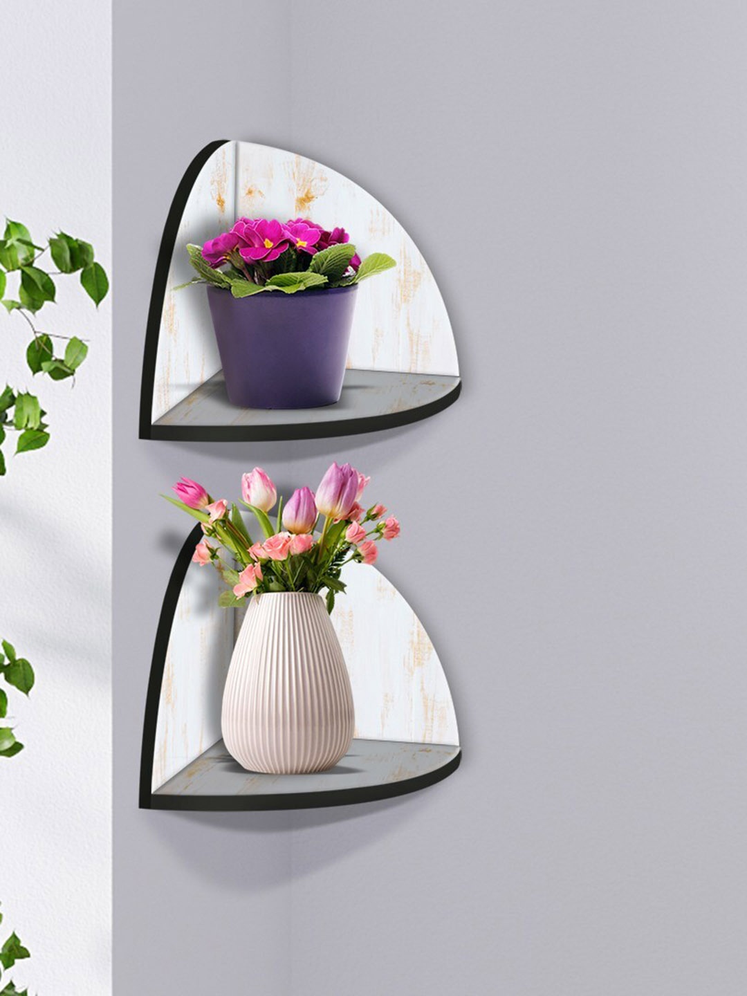 

999Store White & Beige 2 Pieces MDF Corner Wall Shelf