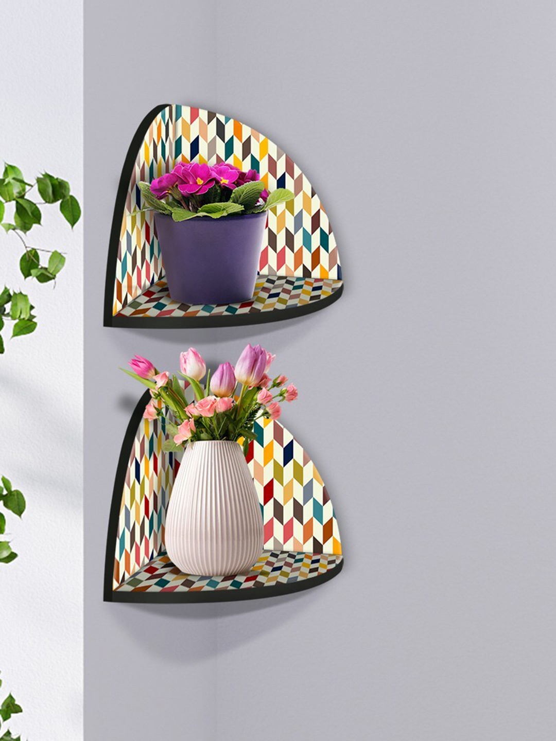 

999Store White & Yellow 2 Pieces MDF Corner Wall Shelf