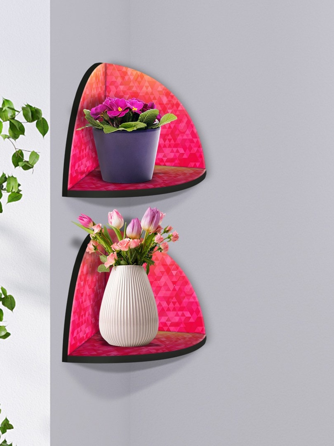 

999Store Pink & Gold-Toned 2 Pieces Geometrical MDF Corner Wall Shelf