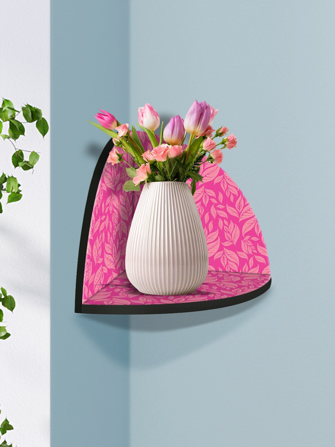 

999Store Pink & Beige Leaves Modern Art MDF Corner Wall Shelf