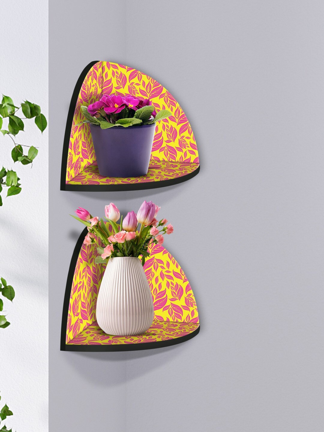 

999Store Yellow & Pink 2 Pieces Leaf Printed MDF Corner Wall Shelf