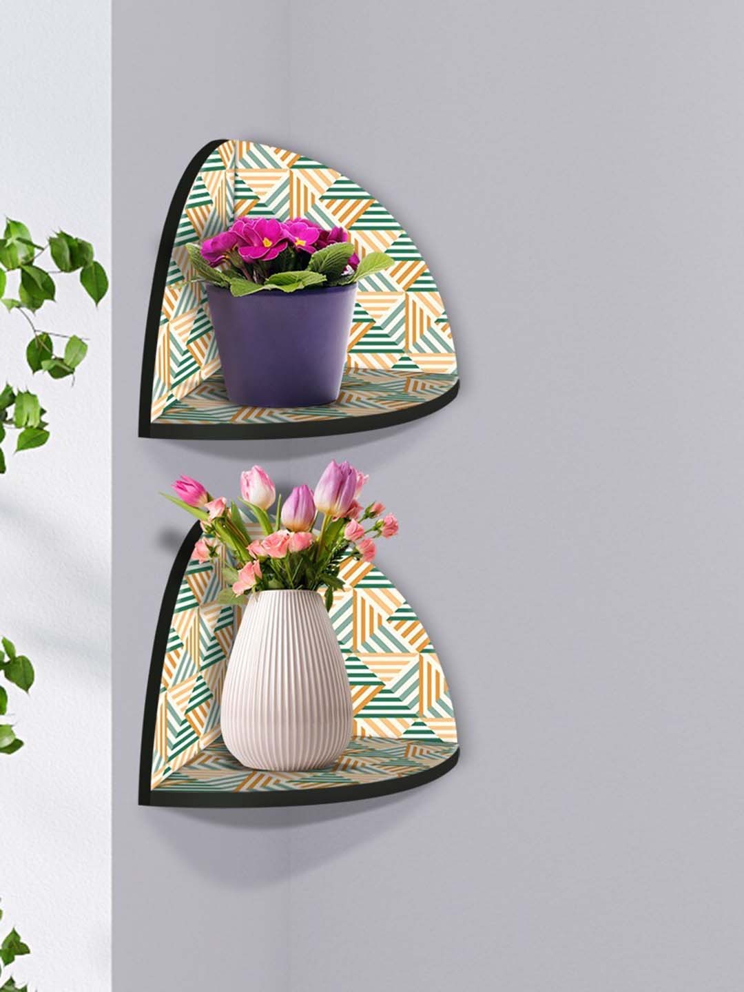 

999Store Green & Yellow 2 Pieces Geometrical Modern Art MDF Corner Wall Shelf