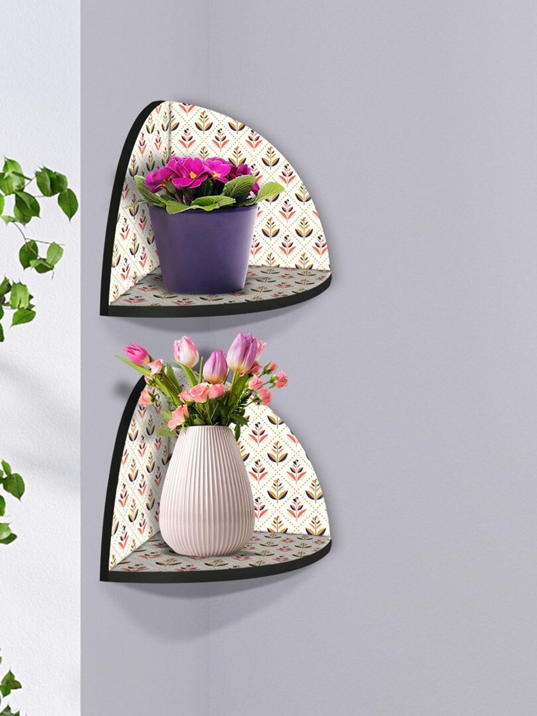 

999Store Cream-Coloured & Beige 2 Pieces MDF Corner Wall Shelf