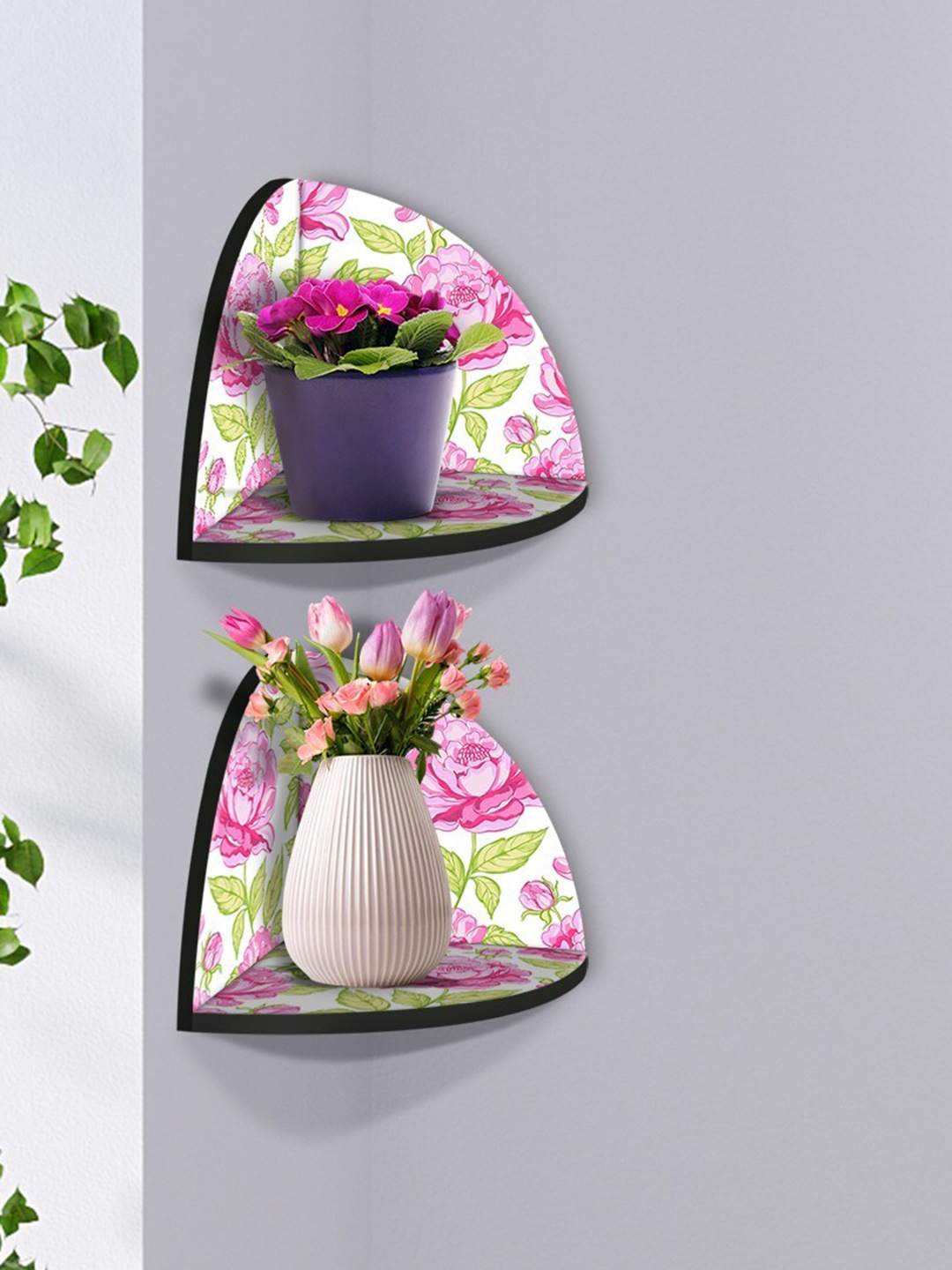 

999Store White & Pink 2 Pieces Floral Modern Art MDF Corner Wall Shelf