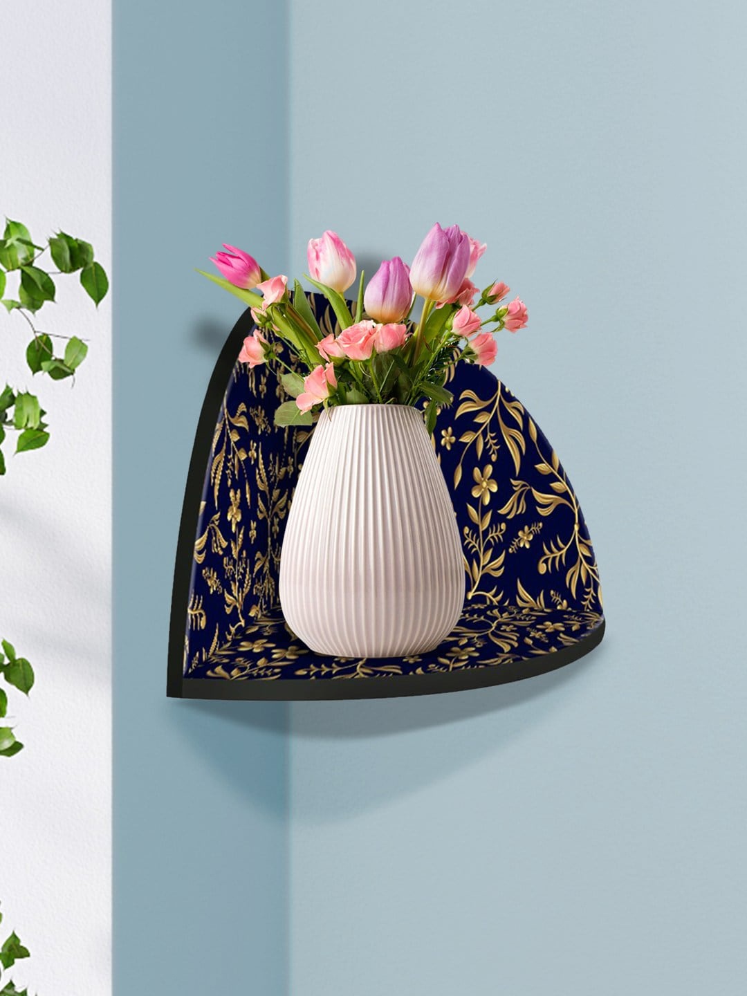 

999Store Navy Blue & Gold-Toned Flower With Leaves MDF Corner Wall Shelf