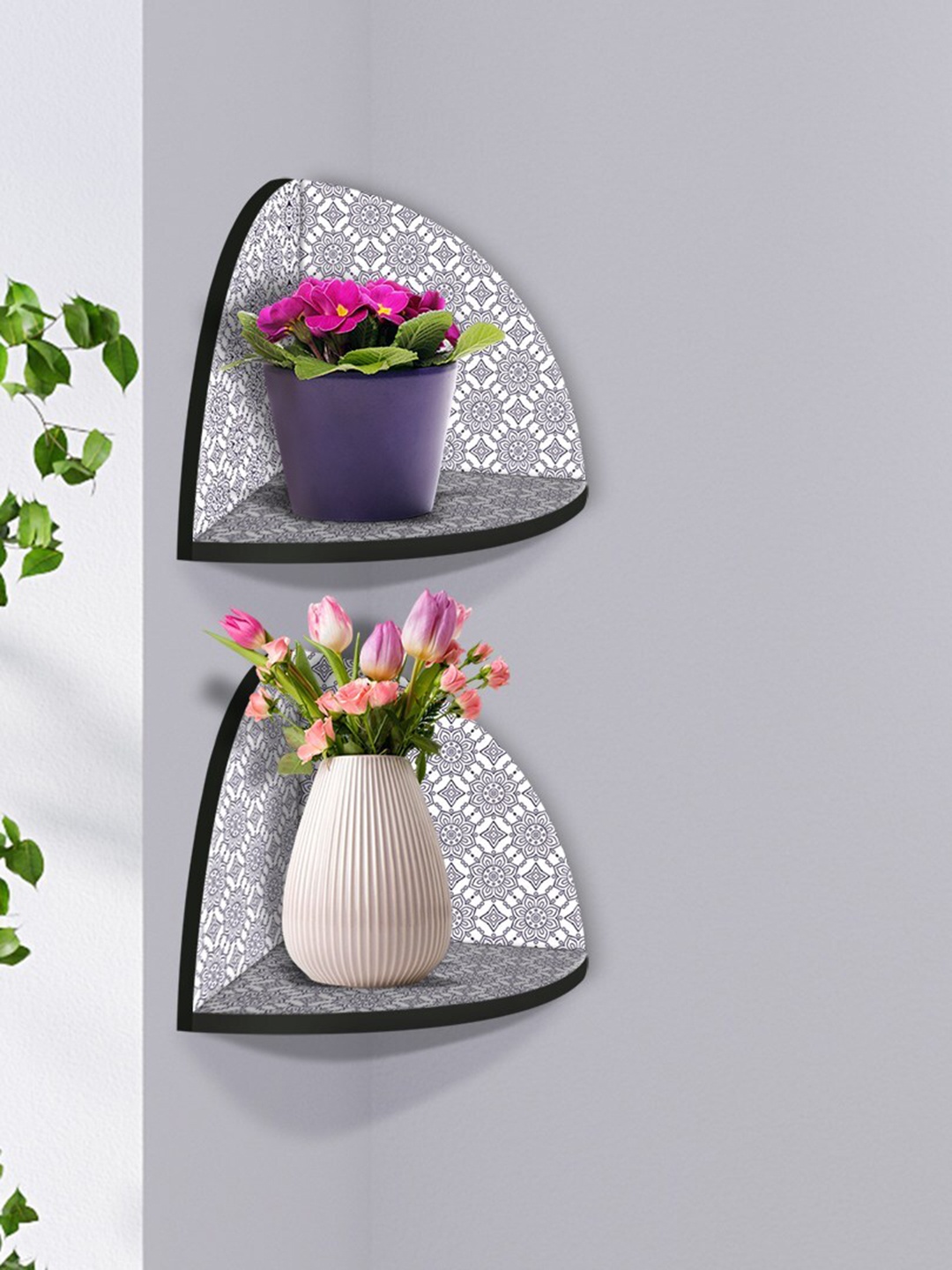 

999Store Grey & White 2 Pieces Flower Modern art MDF Corner Wall Shelf