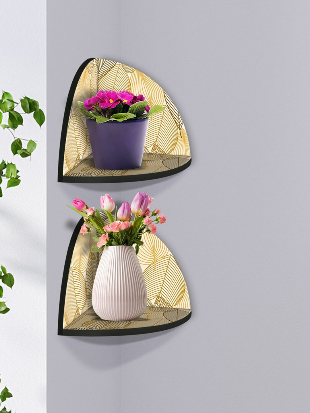 

999Store Beige 2 Pieces Leaves Modern Art MDF Corner Wall Shelf