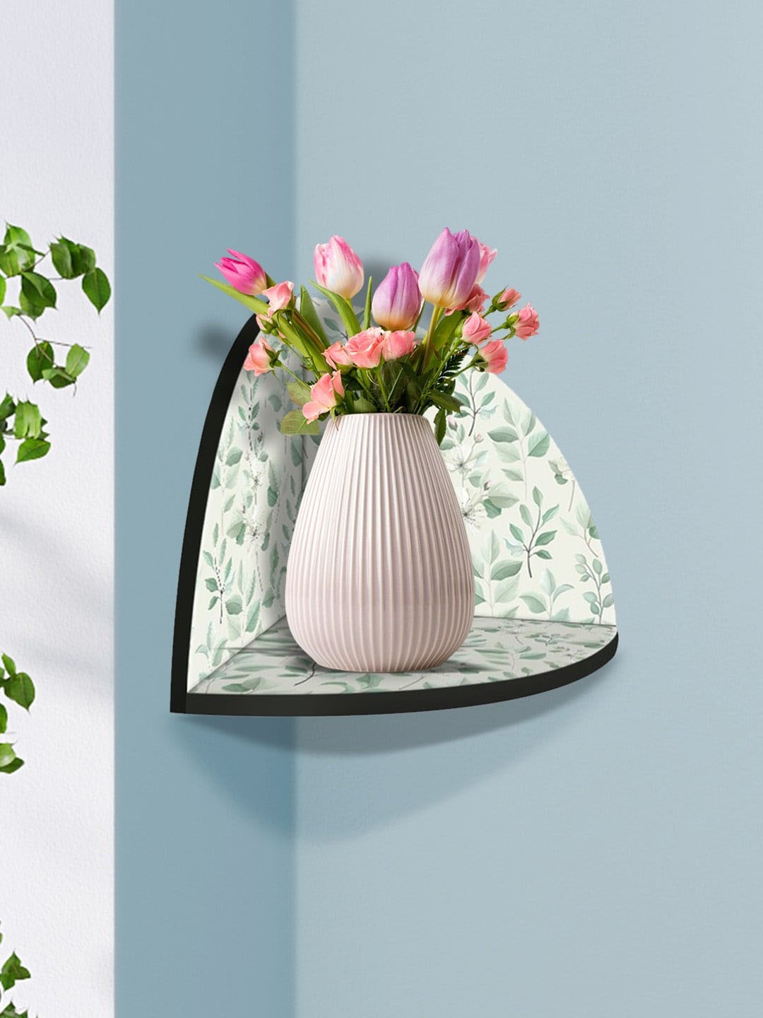 

999Store White & Green Floral Printed MDF Corner Wall Shelf