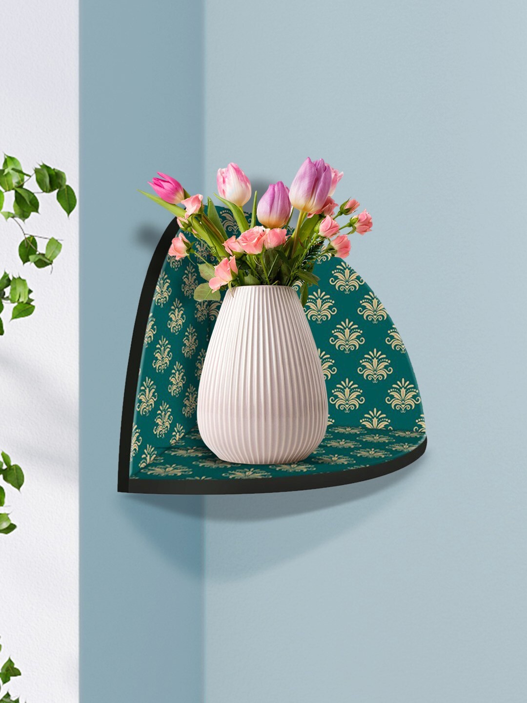 

999Store Green & Beige Floral Printed MDF Corner Wall Shelf