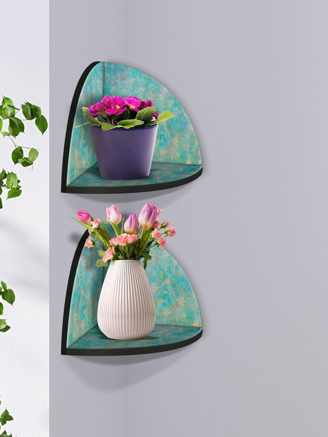 

999Store Green & Beige 2 Pieces Floral Printed MDF Corner Wall Shelf