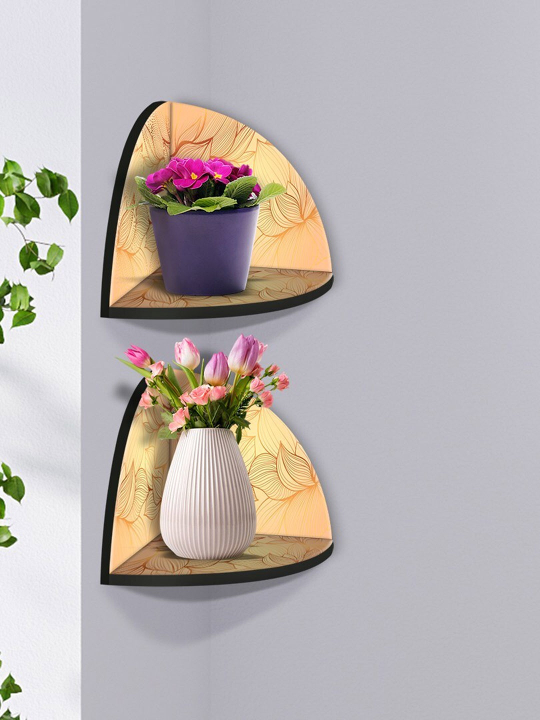 

999Store Yellow & Beige 2 Pieces MDF Corner Wall Shelf