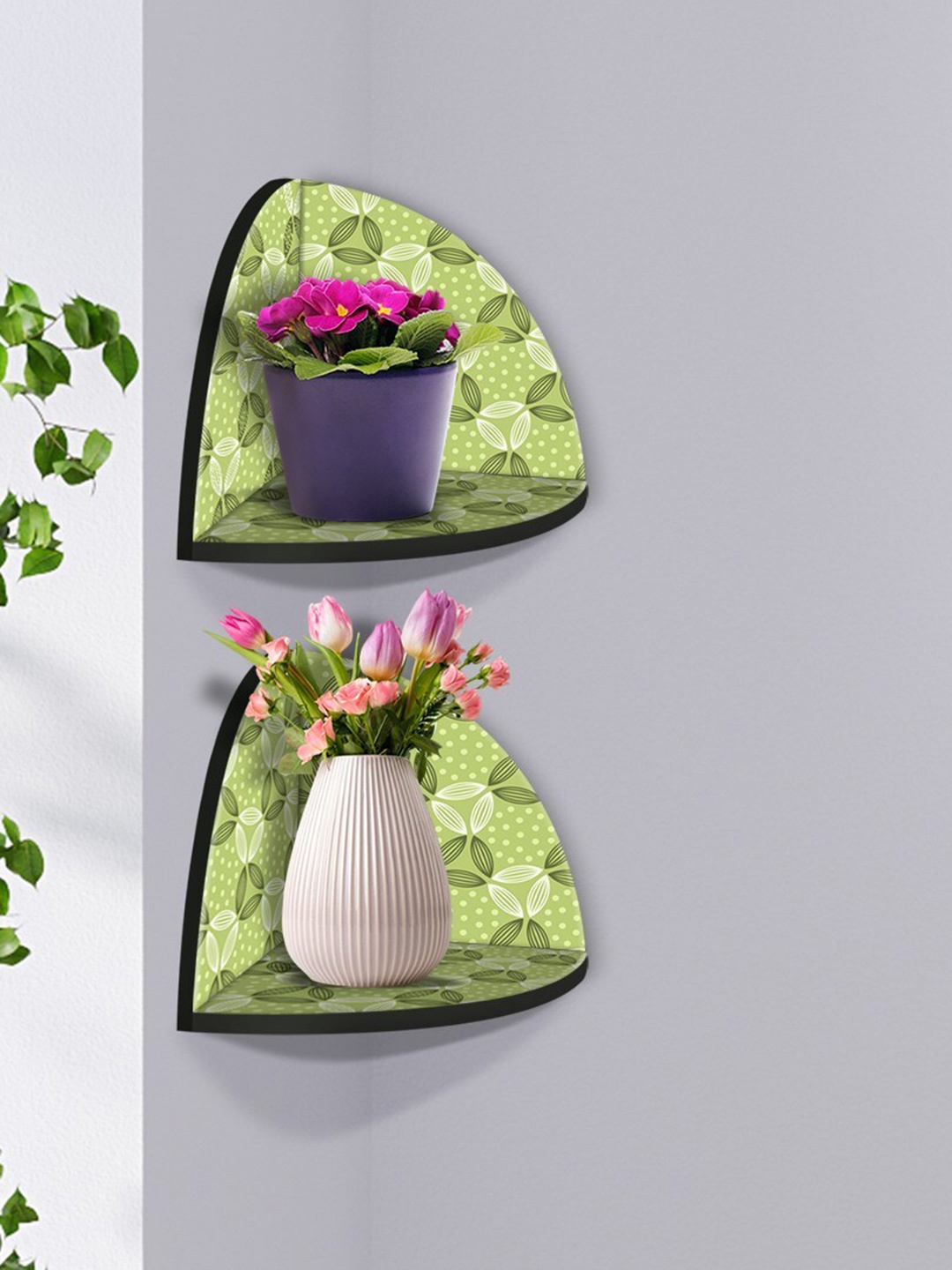 

999Store Green & White 2 Pieces MDF Corner Wall Shelf