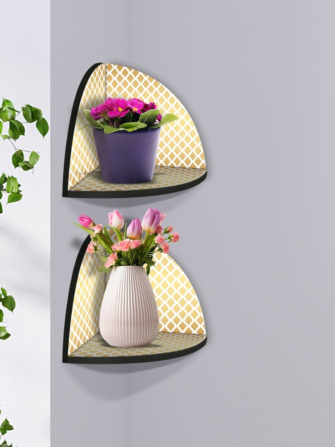 

999Store White & Beige 2 Pieces MDF Corner Wall Shelf