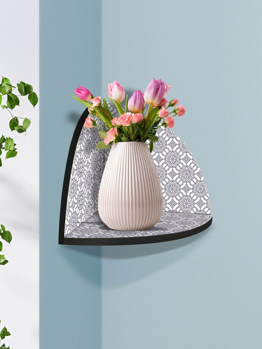 

999Store Black & White Flower Modern Art MDF Corner Wall Shelf