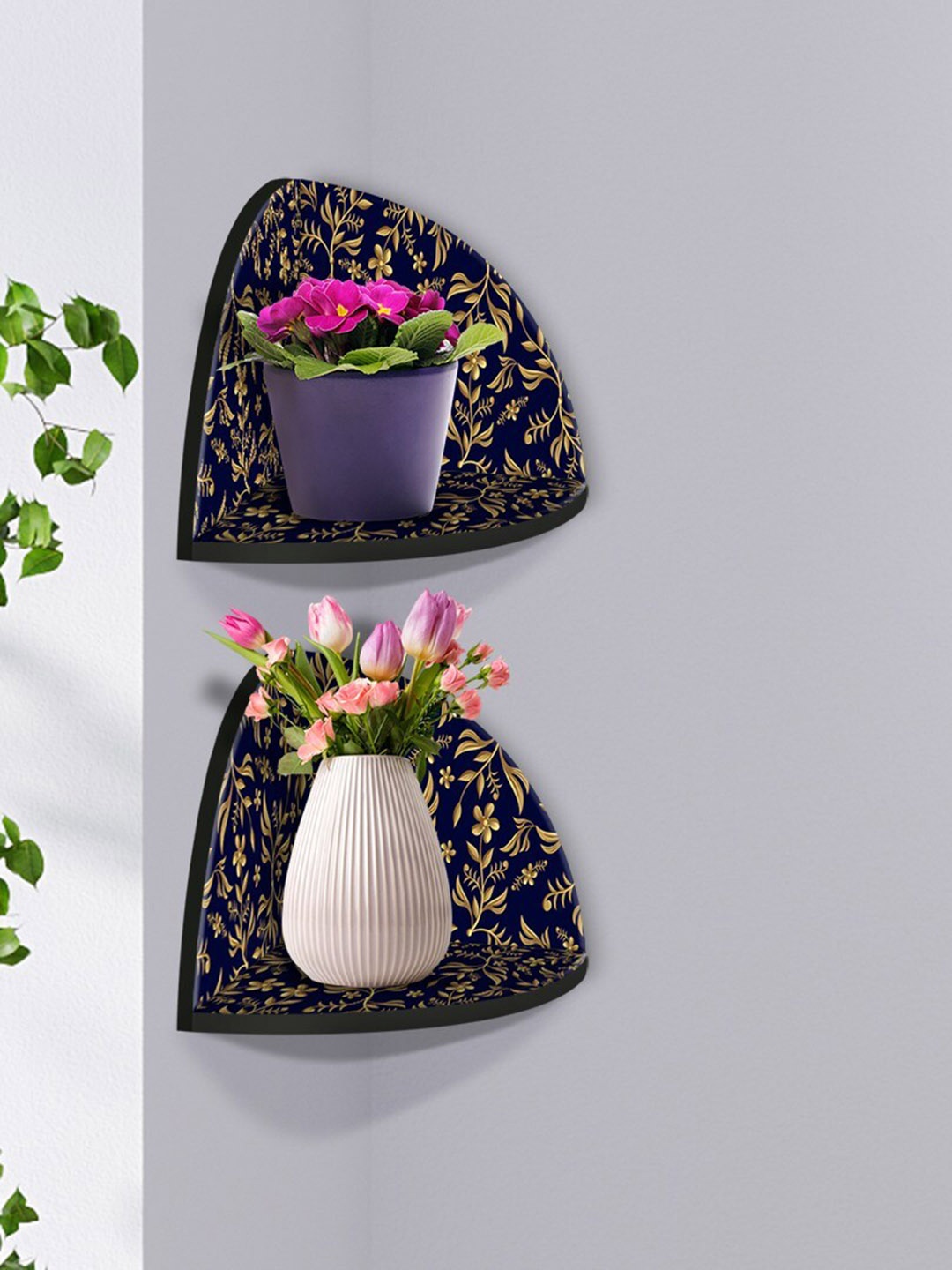 

999Store Navy Blue 2 Pieces Flower With Leaves MDF Corner Wall Shelf