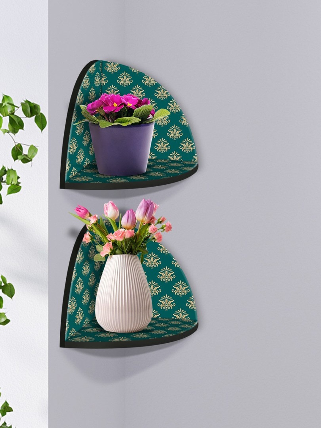 

999Store Green & Gold-Toned 2 Pieces Flower Printed MDF Corner Wall Shelf