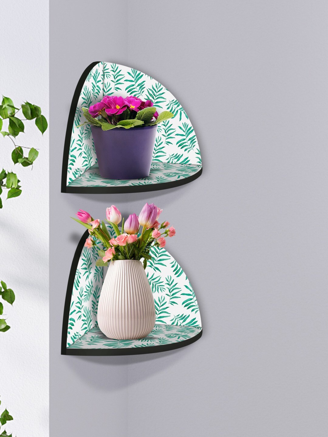 

999Store White & Green 2 Pieces Leaves Art MDF Corner Wall Shelf