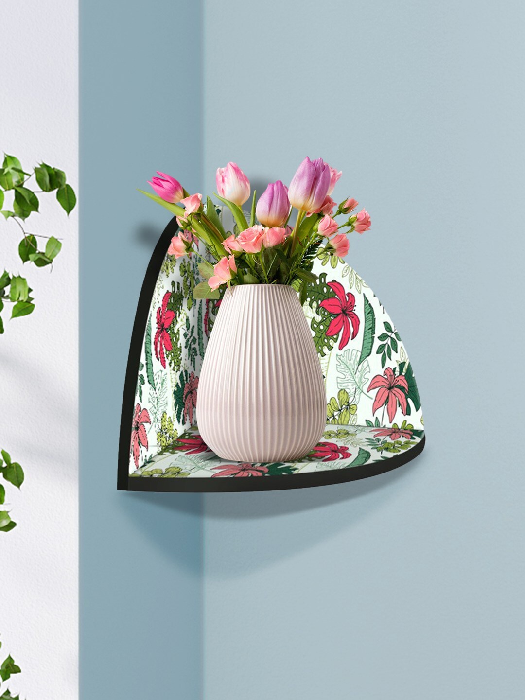 

999Store White & Green Floral Printed MDF Corner Wall Shelf