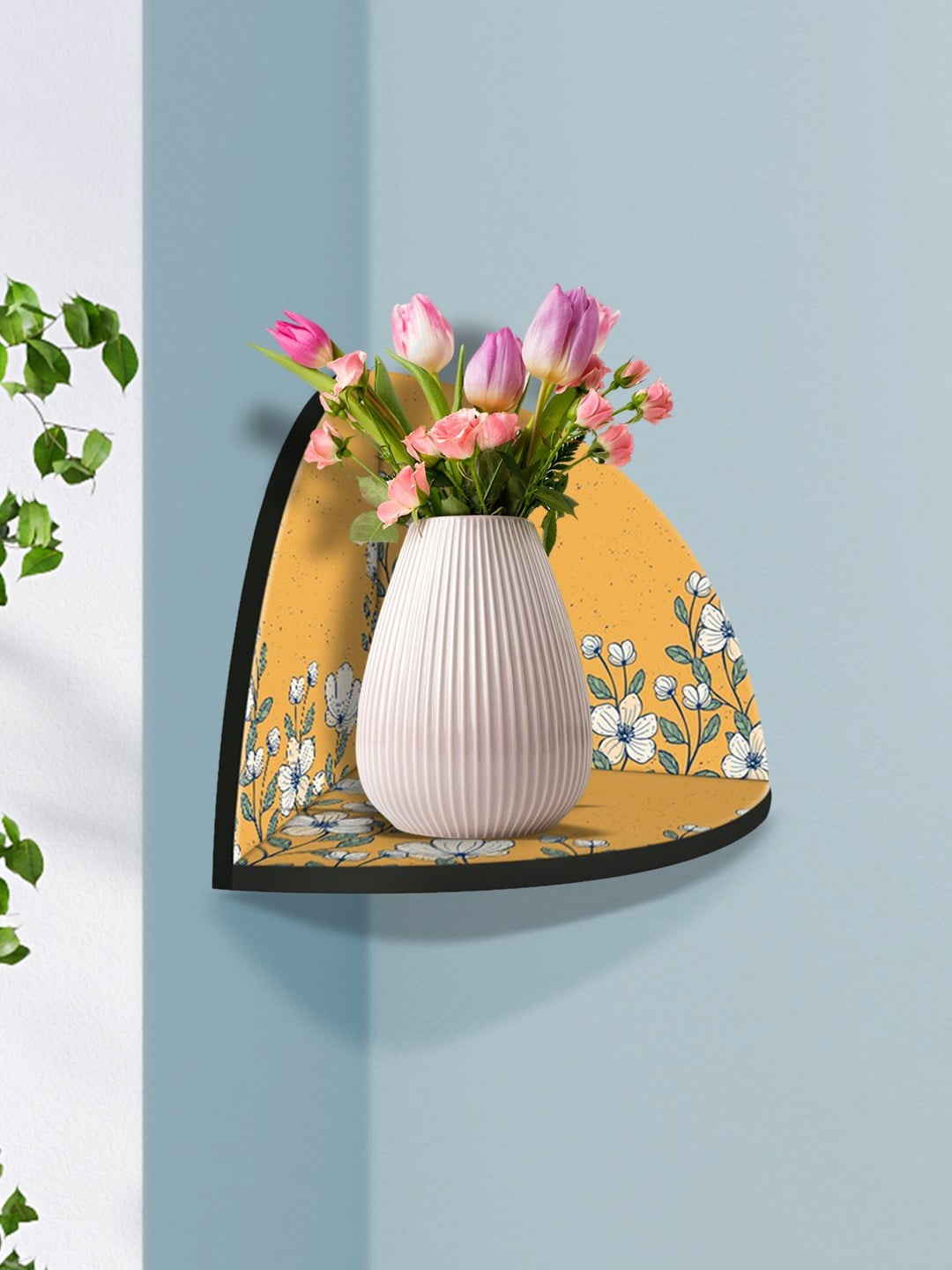 

999Store Yellow & White Flower and Leaves Modern Art MDF Corner Wall Shelf