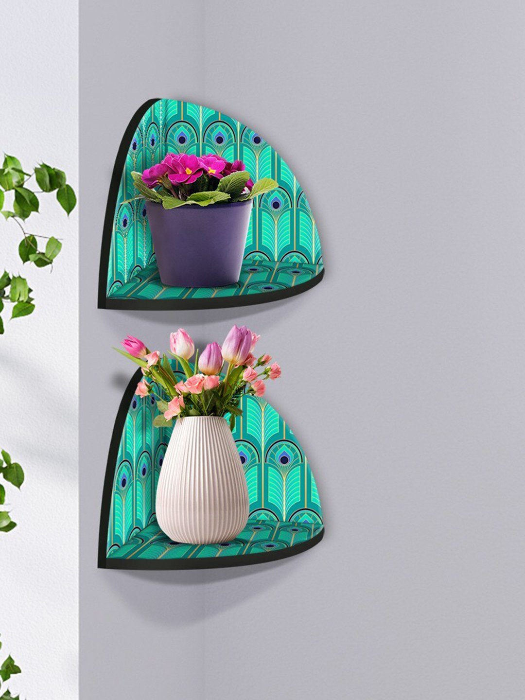

999Store Green & Navy Blue 2 Pieces MDF Corner Wall Shelf