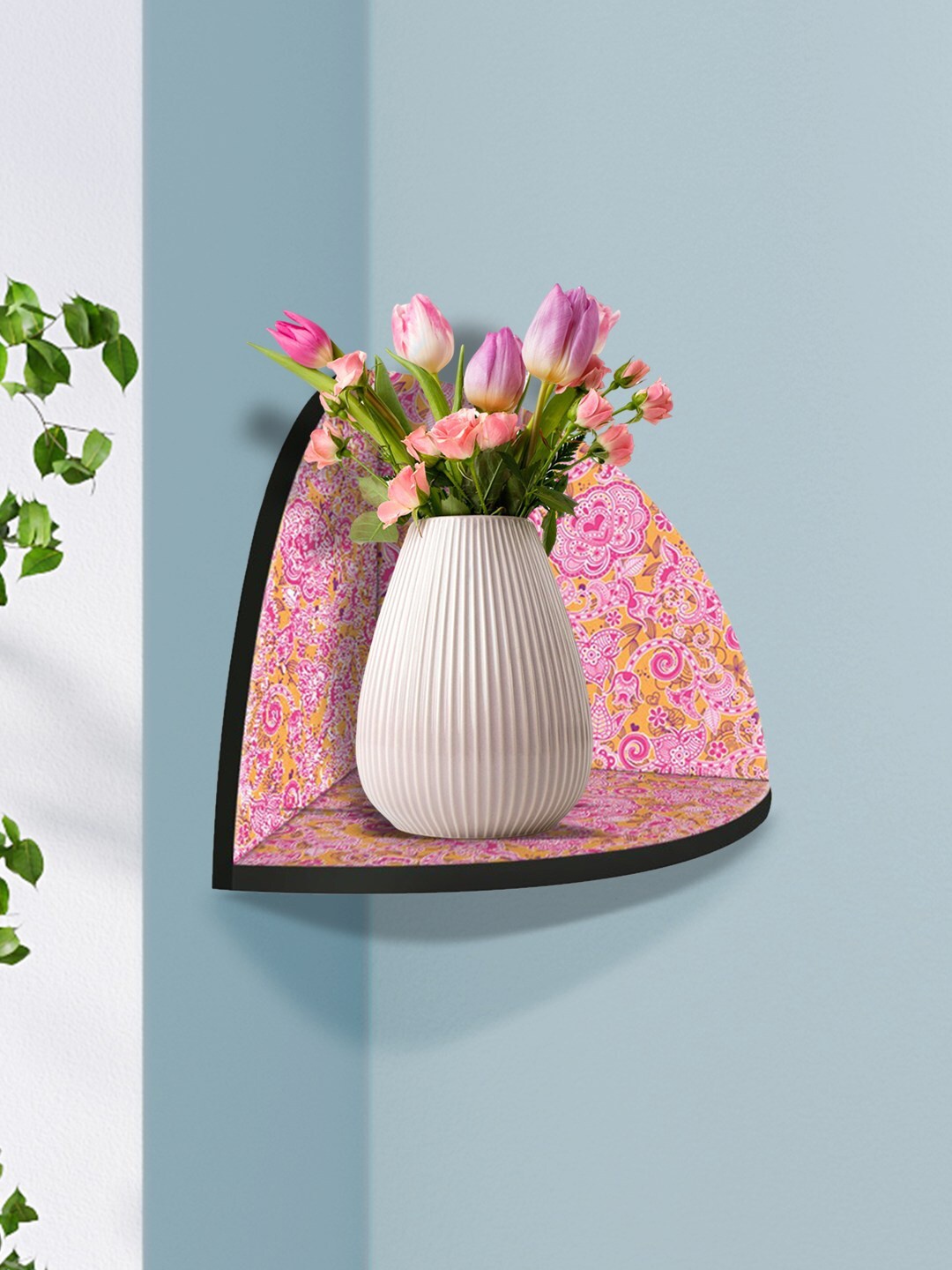 

999Store Pink & Yellow Rose Modern Art MDF Corner Wall Shelf