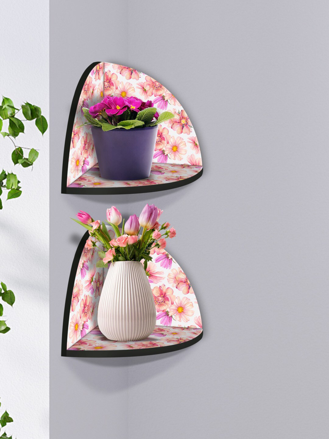 

999Store Pink & Yellow 2 Pieces Floral Printed MDF Corner Wall Shelf