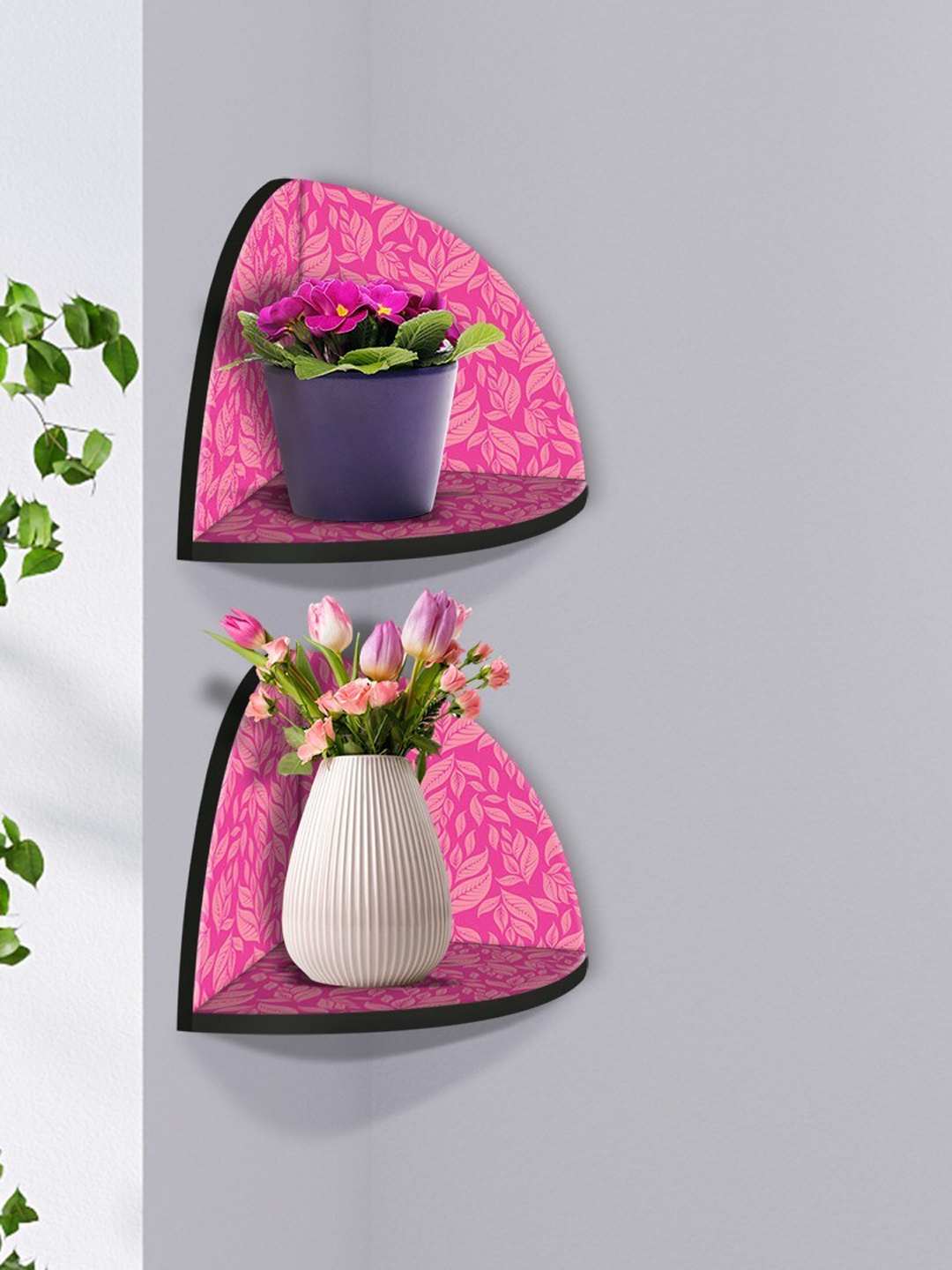 

999Store Pink & Black 2 Pieces Leaves Printed MDF Corner Wall Shelf