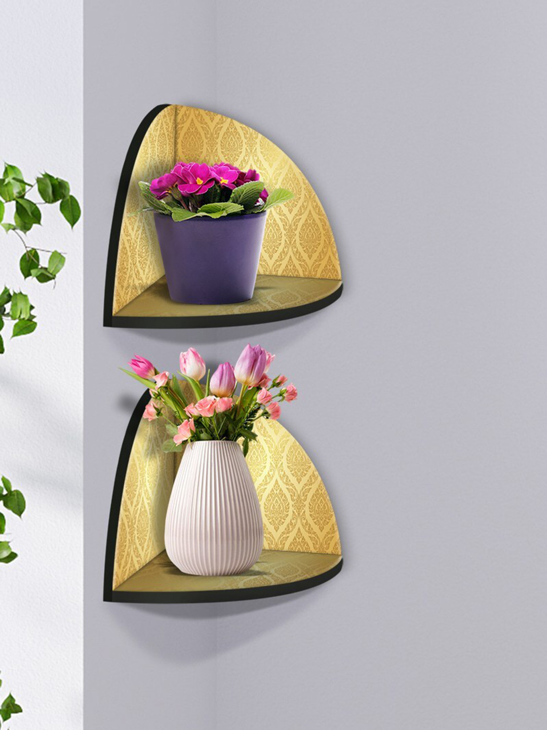 

999Store Beige & Black 2 Pieces MDF Corner Wall Shelf