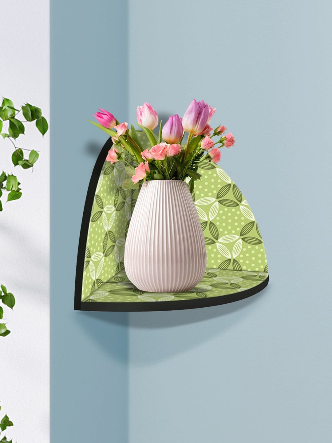 

999Store Green & White Modern Art MDF Corner Wall Shelf