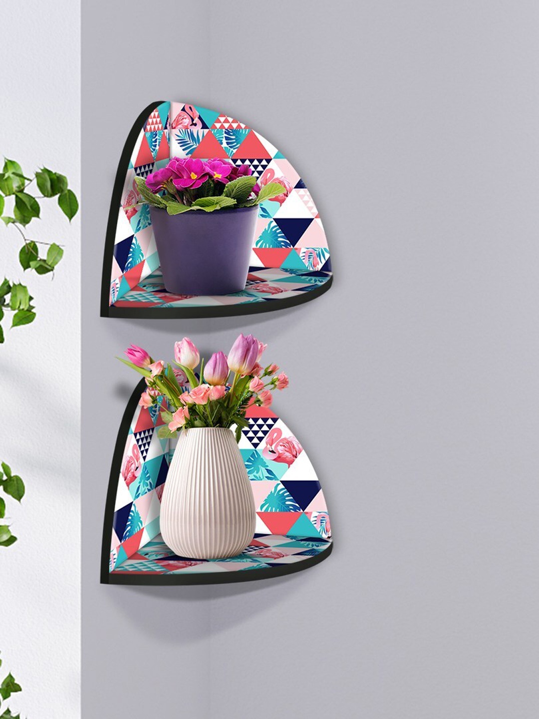

999Store Blue & Pink 2 Pieces Bagula Bird Modern Art MDF Corner Wall Shelf