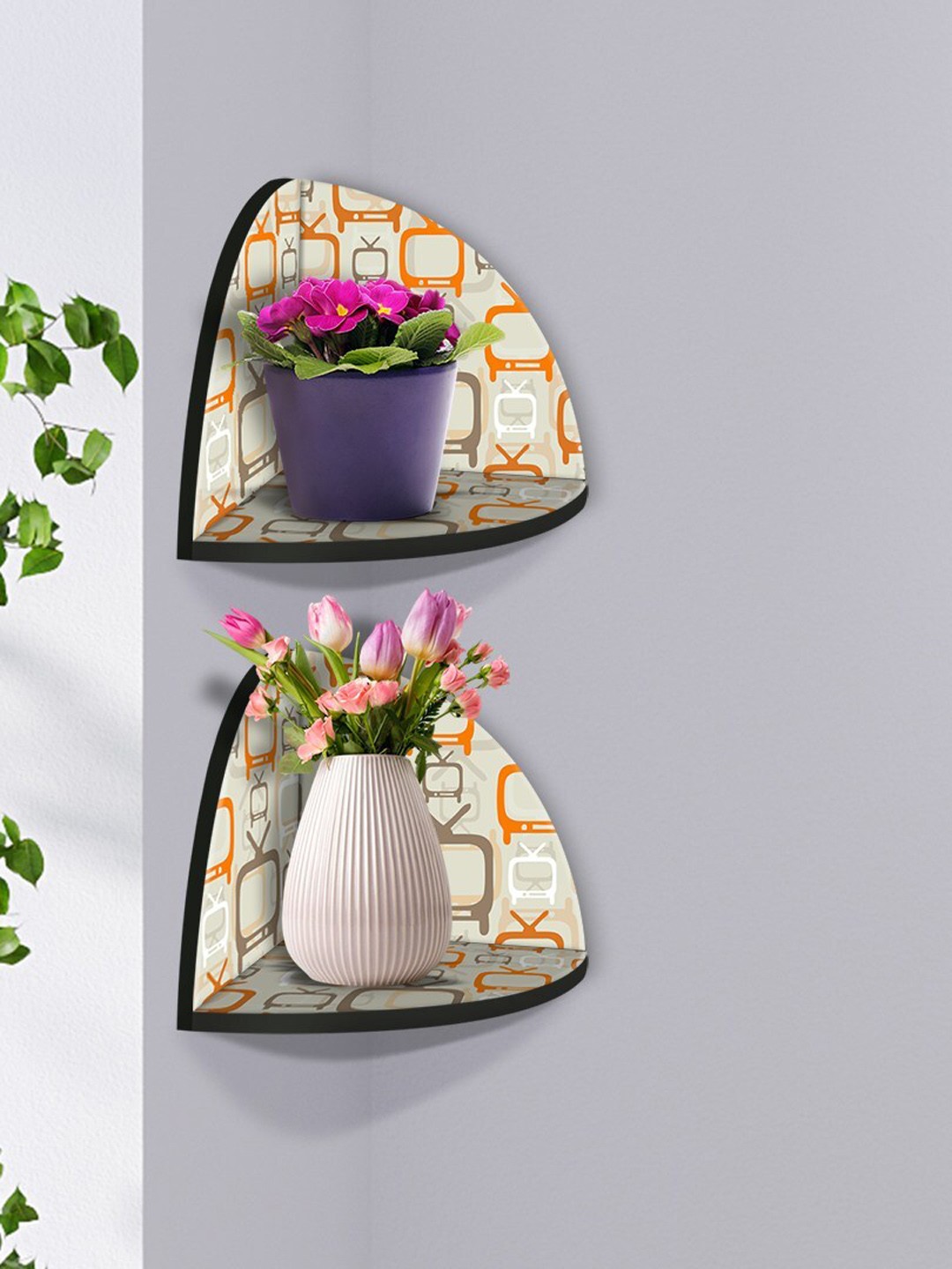 

999Store Beige & Orange 2 Pieces Retro TV MDF Corner Wall Shelf