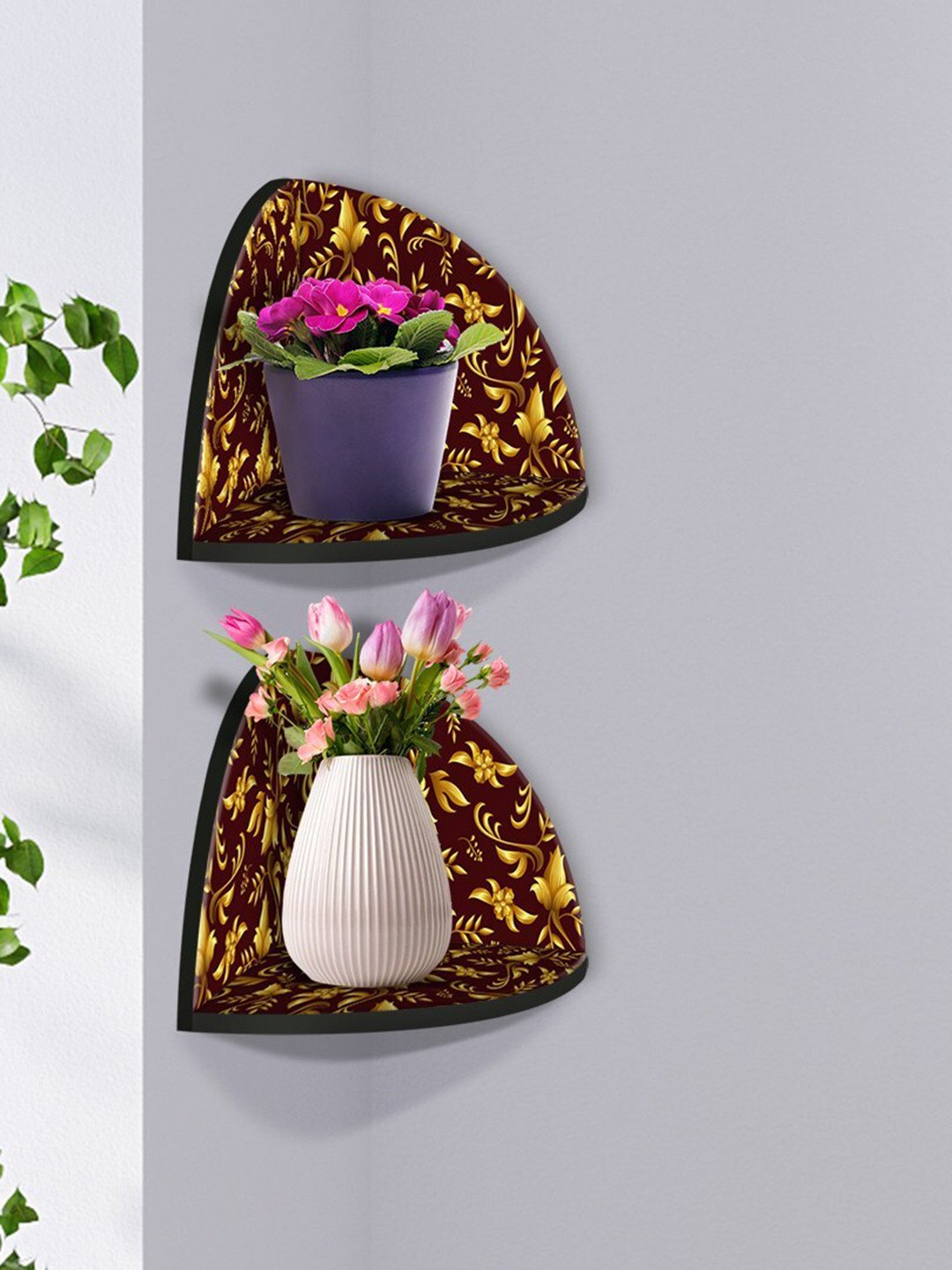 

999Store Brown & Yellow 2 Pieces Leaves MDF Corner Wall Shelf