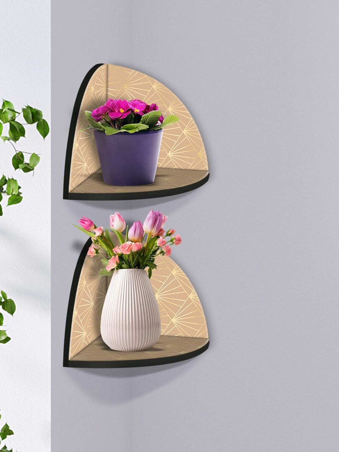 

999Store Beige & Yellow 2 Pieces MDF Corner Wall Shelf