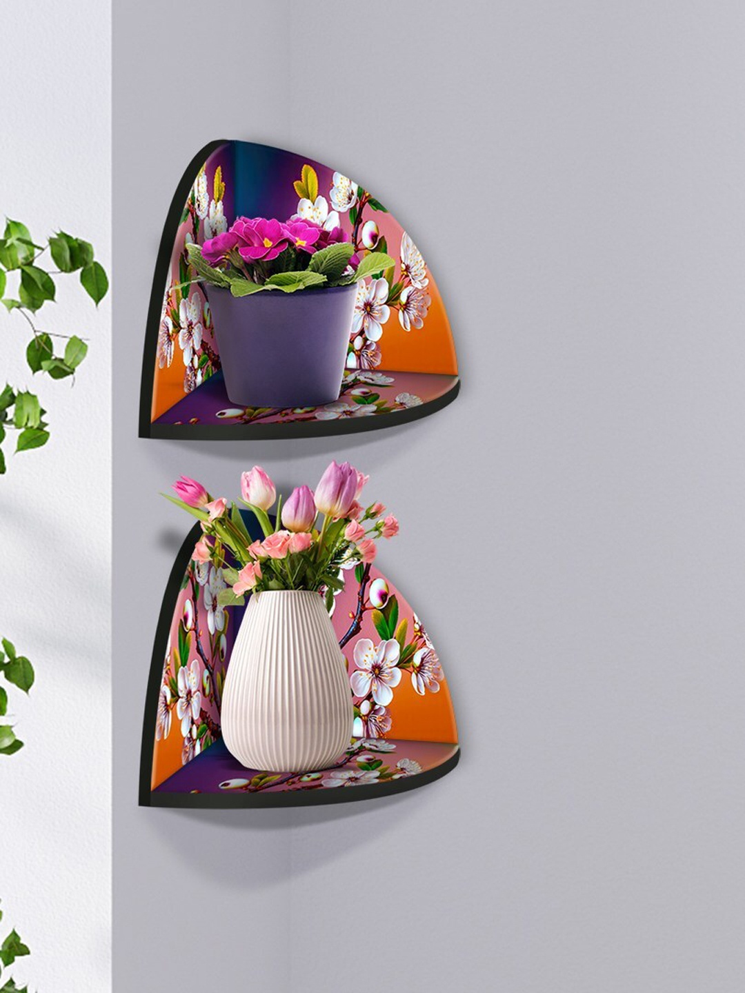 

999Store Purple & White 2 Pieces Floral Printed MDF Corner Wall Shelf