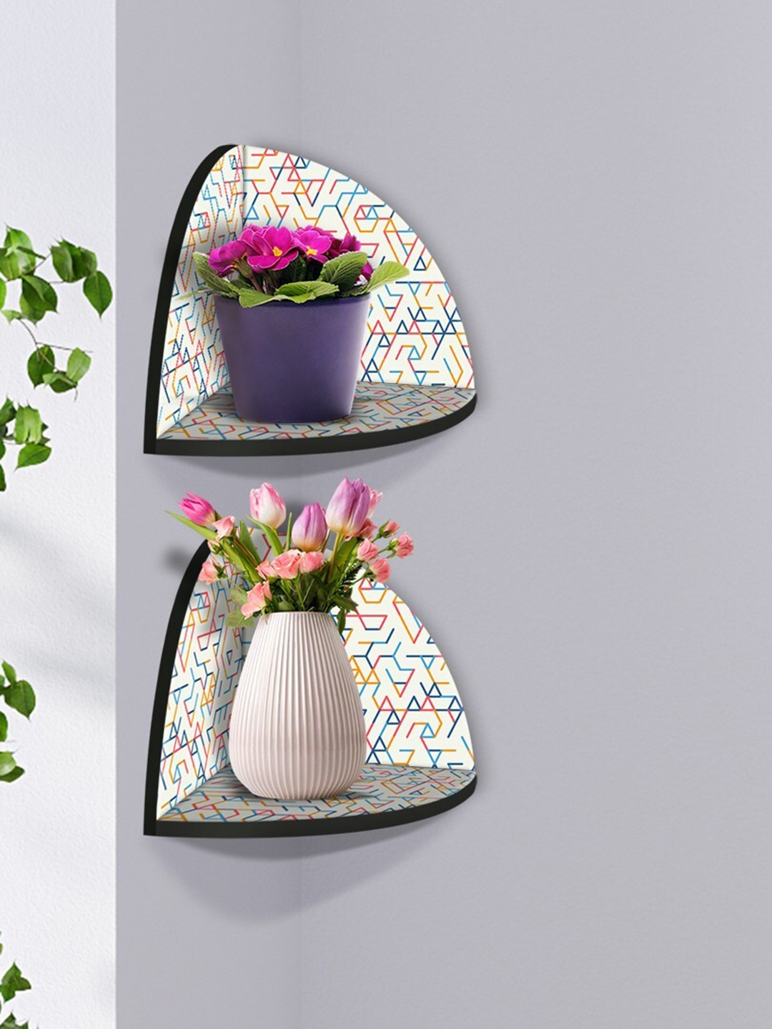 

999Store White & Blue 2 Pieces Geometrical Modern Art MDF Corner Wall Shelf