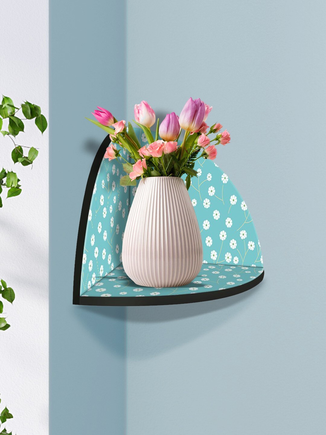 

999Store Blue & White Floral Printed MDF Corner Wall Shelf