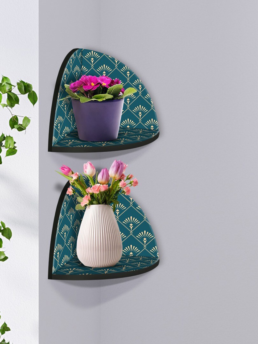 

999Store Green & Gold-Toned 2 Pieces MDF Corner Wall Shelf