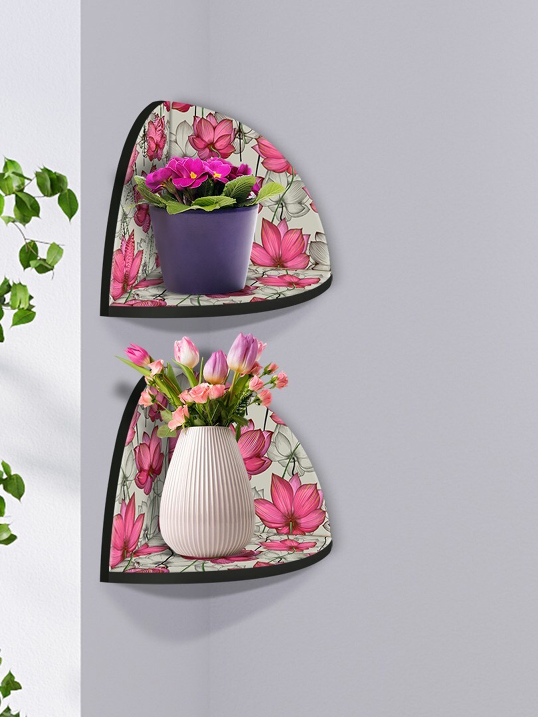 

999Store Grey & Pink 2 Pieces Flowers Modern Art MDF Corner Wall Shelf