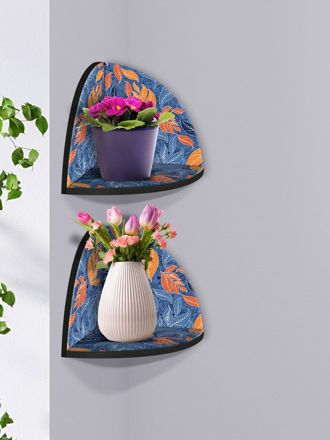 

999Store Blue & Orange 2 Pieces Leaf Modern Art MDF Corner Wall Shelf