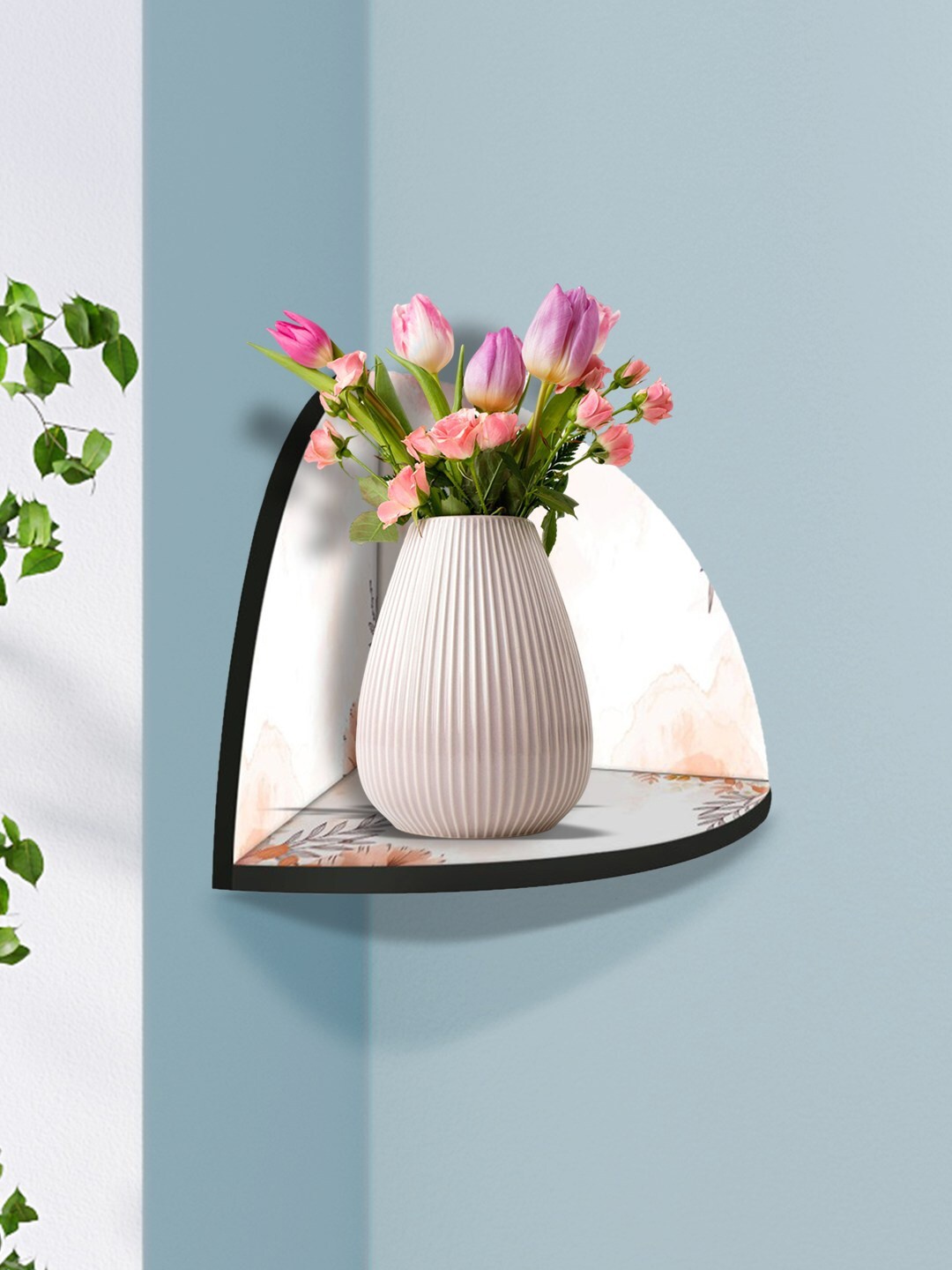 

999Store Cream-Coloured & Brown Flower With Leaf & Marble Modern Art MDF Corner Wall Shelf