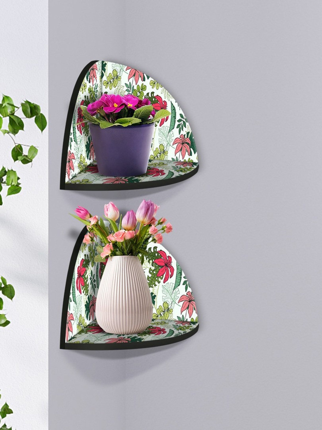 

999Store White & Pink 2 Pieces Flower & Leaves MDF Corner Wall Shelf