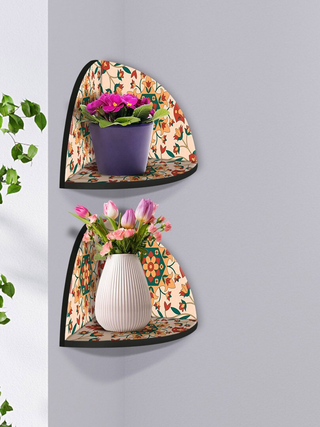 

999Store Beige & Red 2 Pieces Flower And Leaf MDF Corner Wall Shelf