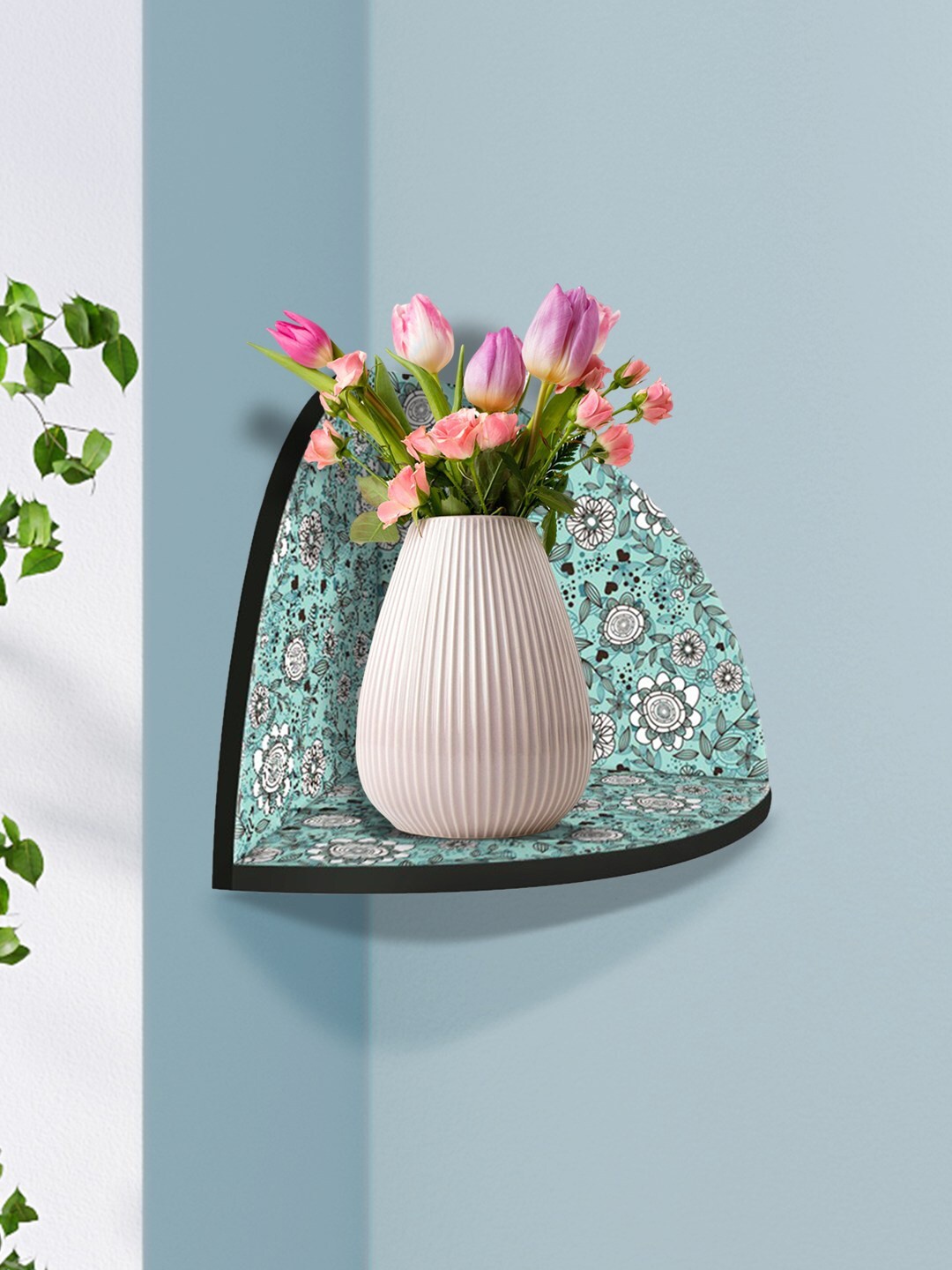 

999Store Teal & White Flower And Leaf MDF Corner Wall Shelf