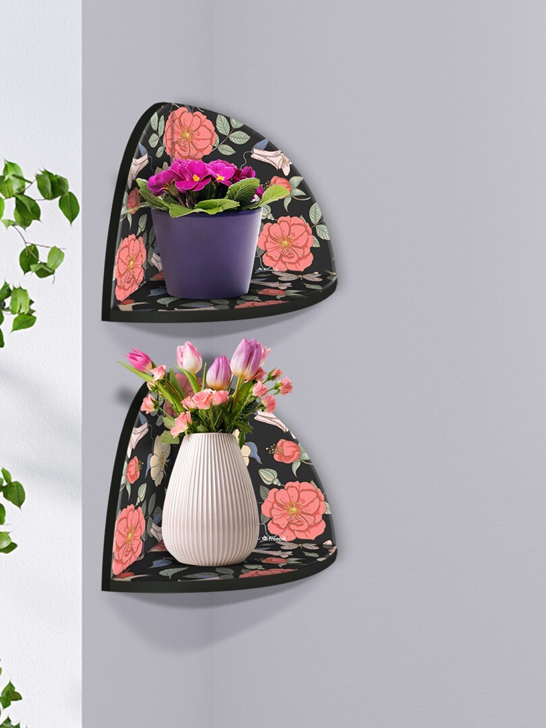 

999Store Black & Pink 2 Pieces MDF Corner Wall Shelf