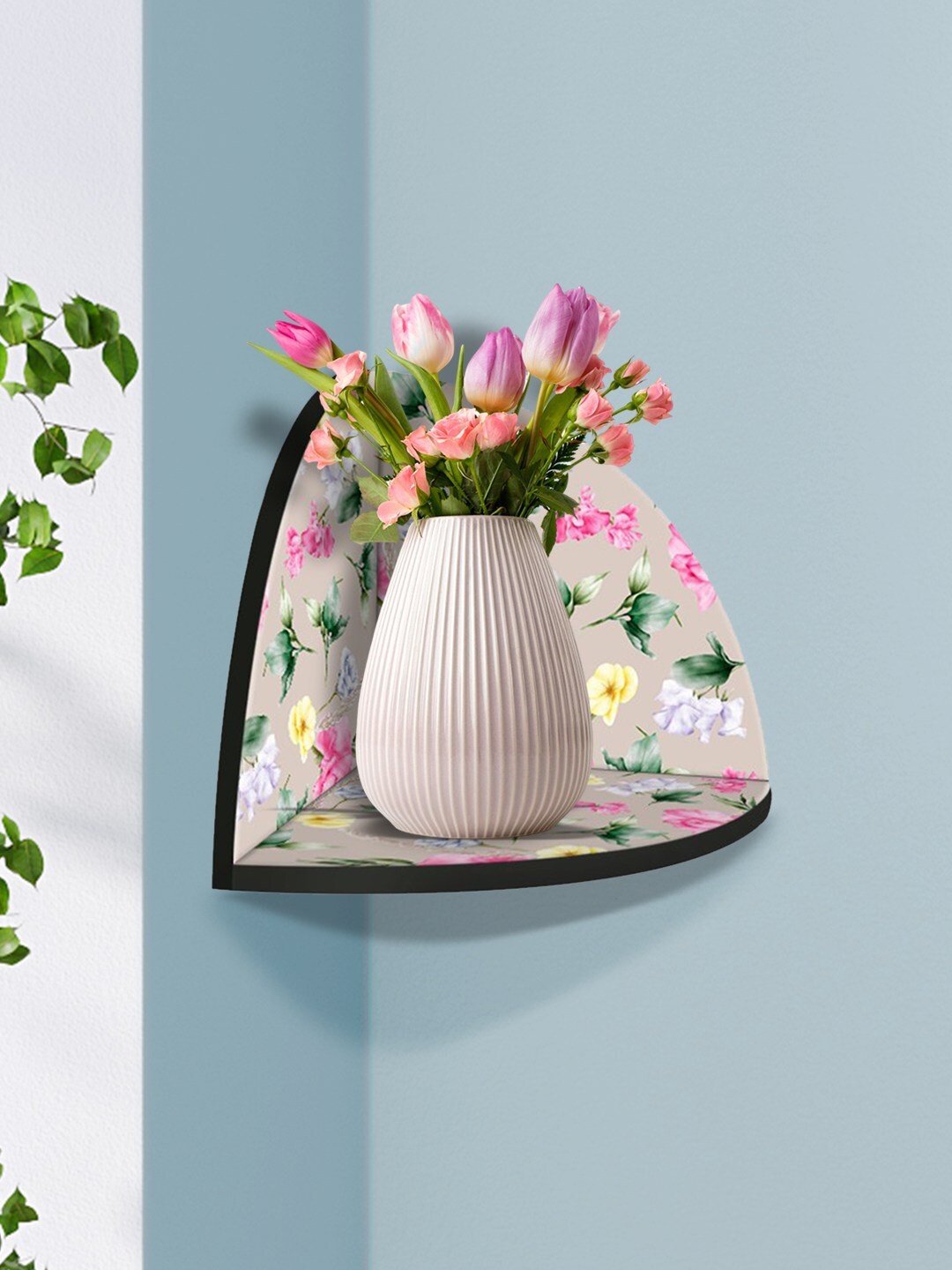 

999Store Cream-Coloured & Pink Flower With Leaves MDF Corner Wall Shelf
