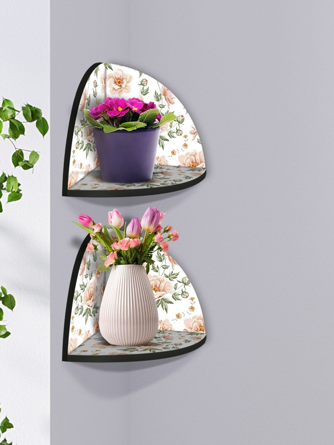 

999Store White & Pink 2 Pieces Flowers With Leaves MDF Corner Wall Shelf