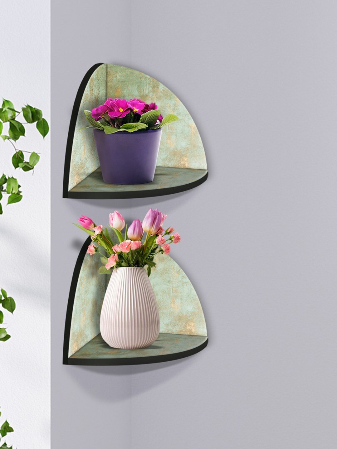 

999Store Green & Gold-Toned 2 Pieces MDF Corner Wall Shelf