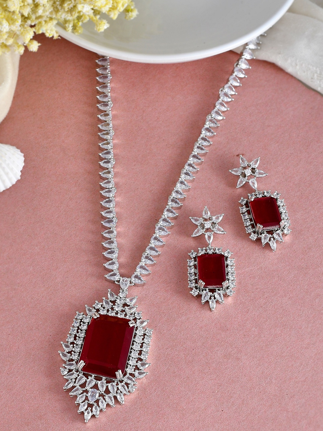 

Silvermerc Designs Silver-Plated Faux Ruby American Diamond-Studded Jewellery Set