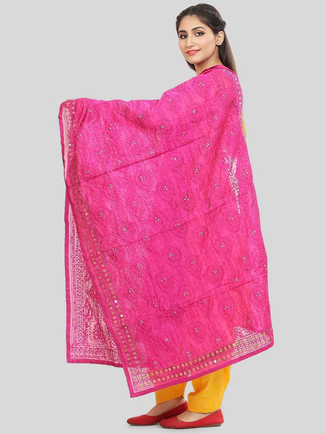 

KALINI Ethnic Motifs Embroidered Dupatta with Mirror Work, Magenta